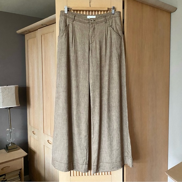 Anthropologie Linen Low Rise Wide Leg Pants brown tan - Picture 6 of 13
